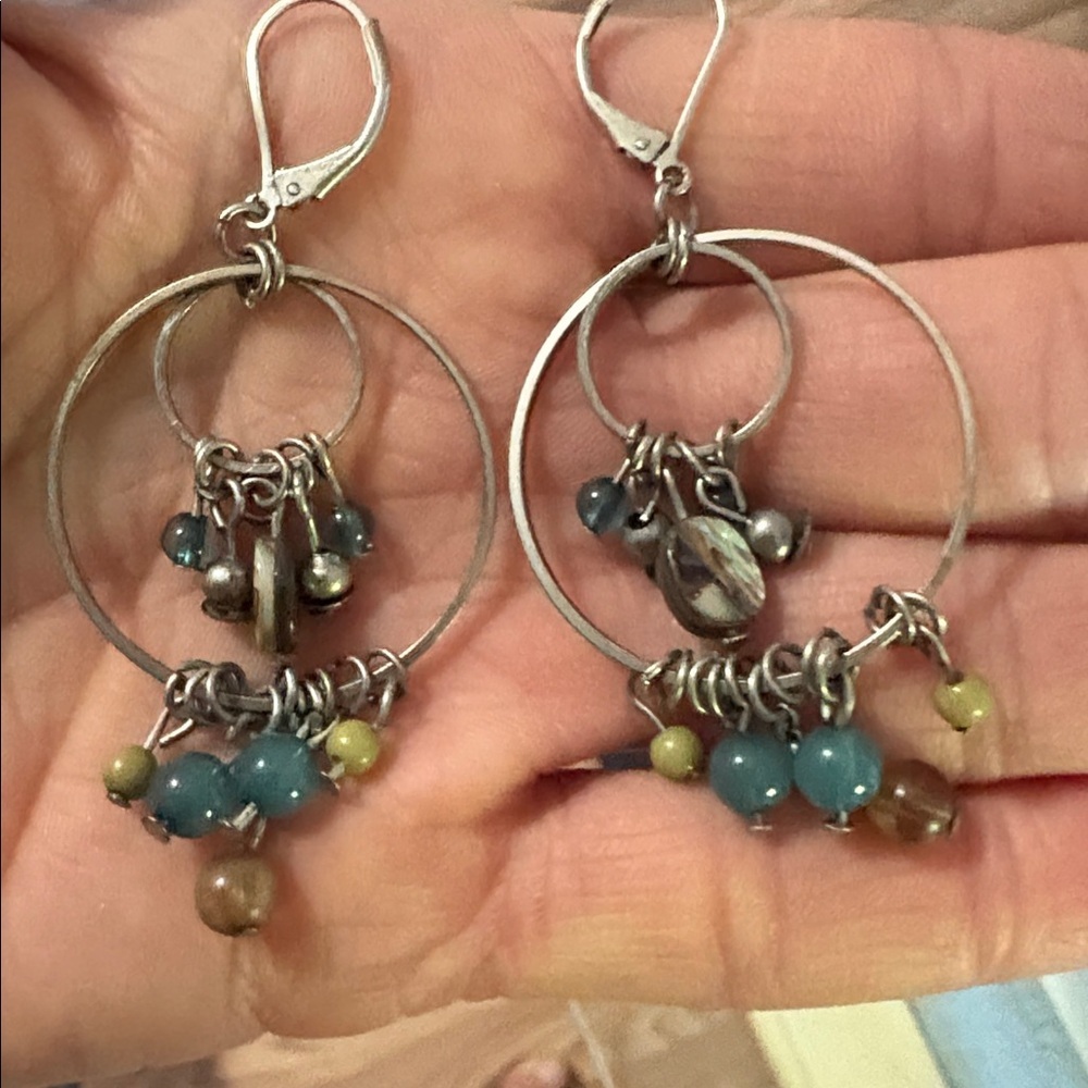ABALONE SHELL AND BEADED DOUBLE SILVER LOOPED DROP DANGLE LEVERBACK 2.8"EARRINGS - Picture 2 of 10